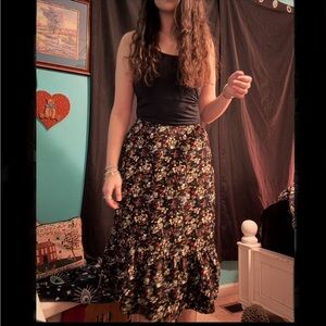 Whimsical Floral Black Midi Skirt